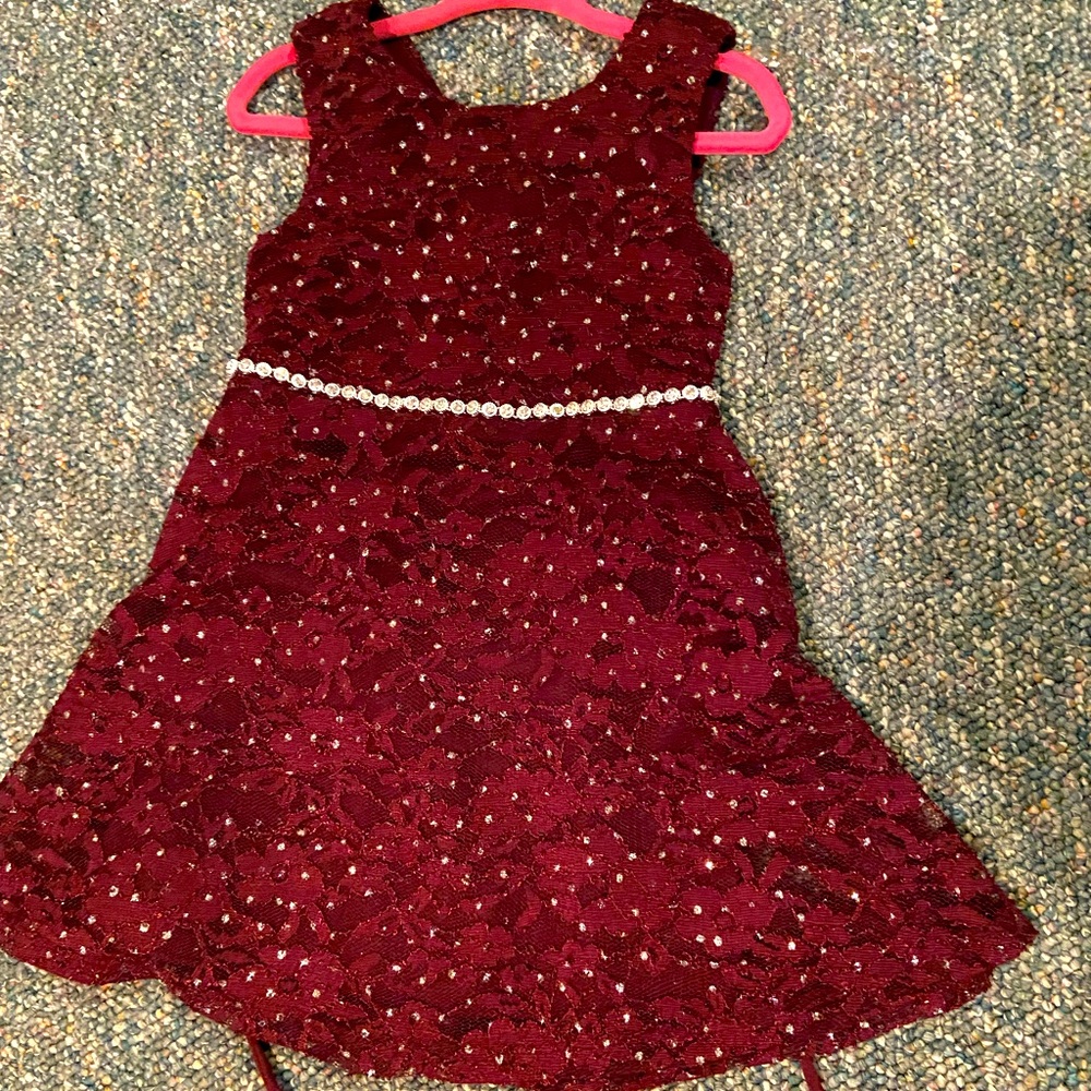 Beautiful maroon lace overlay dress embedded with rhinestones. Size 2T
